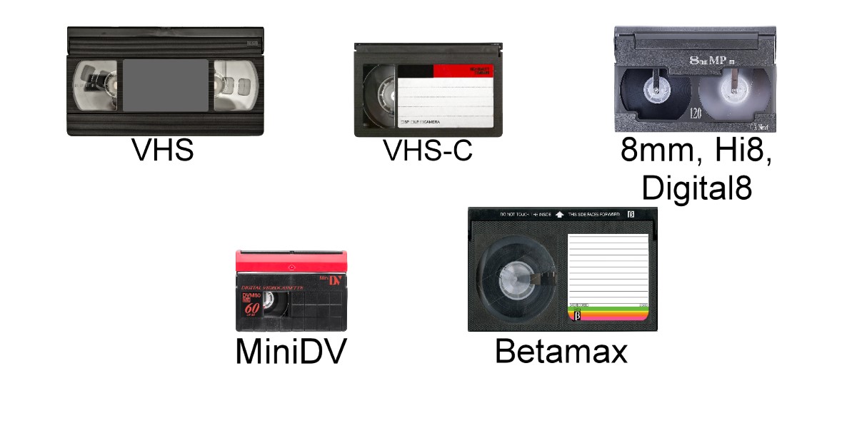 VHS, VHSC, VHS-C, 8mm, Hi8, Digital8, MiniDV, Betamax